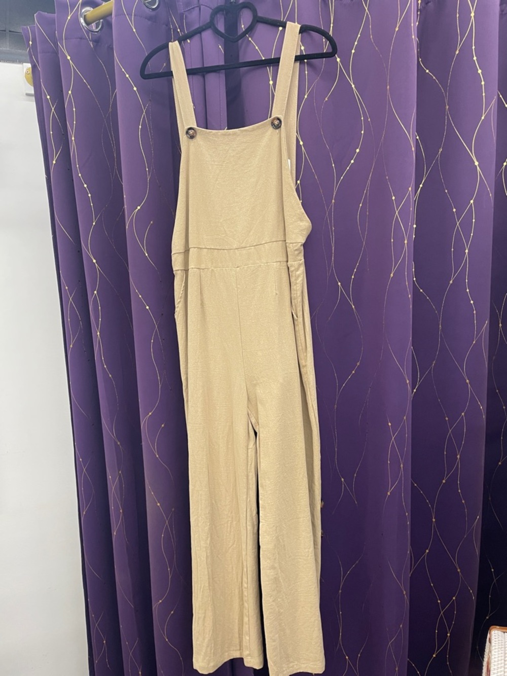 Beige Wide-Leg Jumpsuit with Buttoned Bib